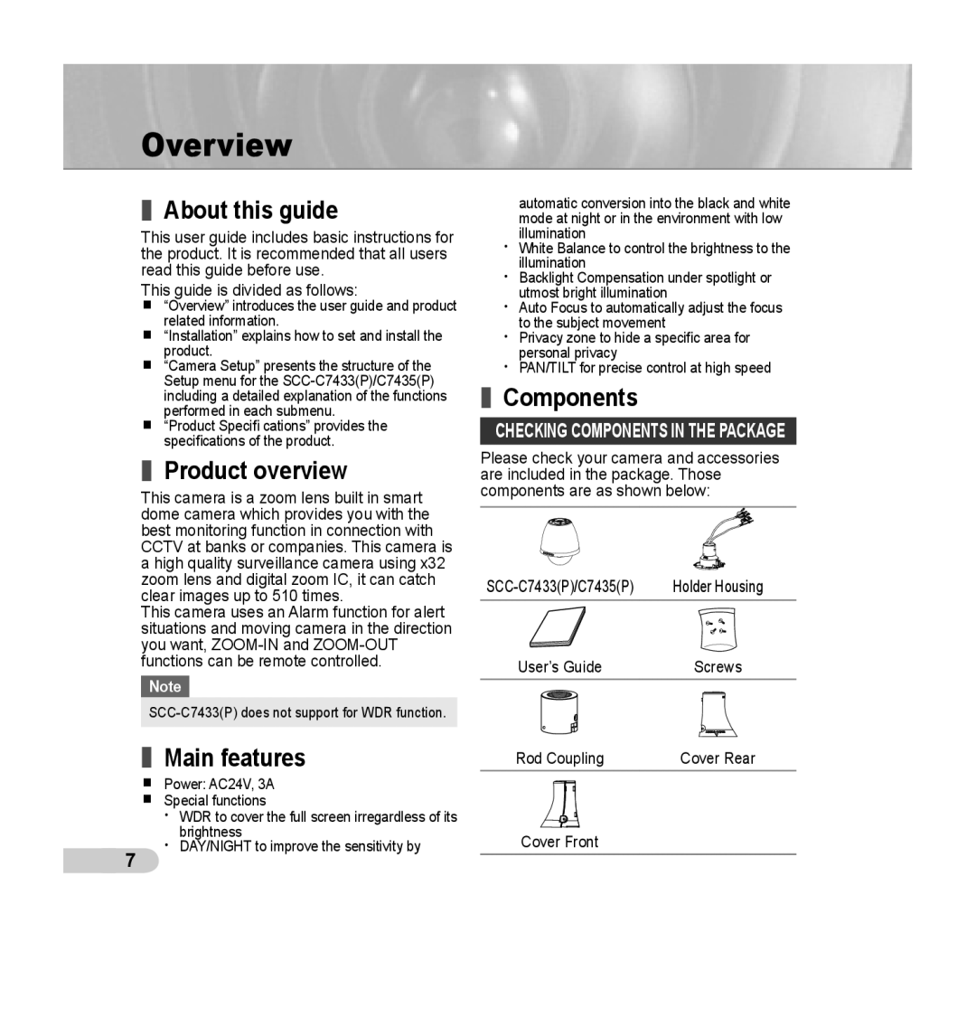 Samsung SCC-C7435P manual Overview, About this guide, Product overview, Components, Main features 