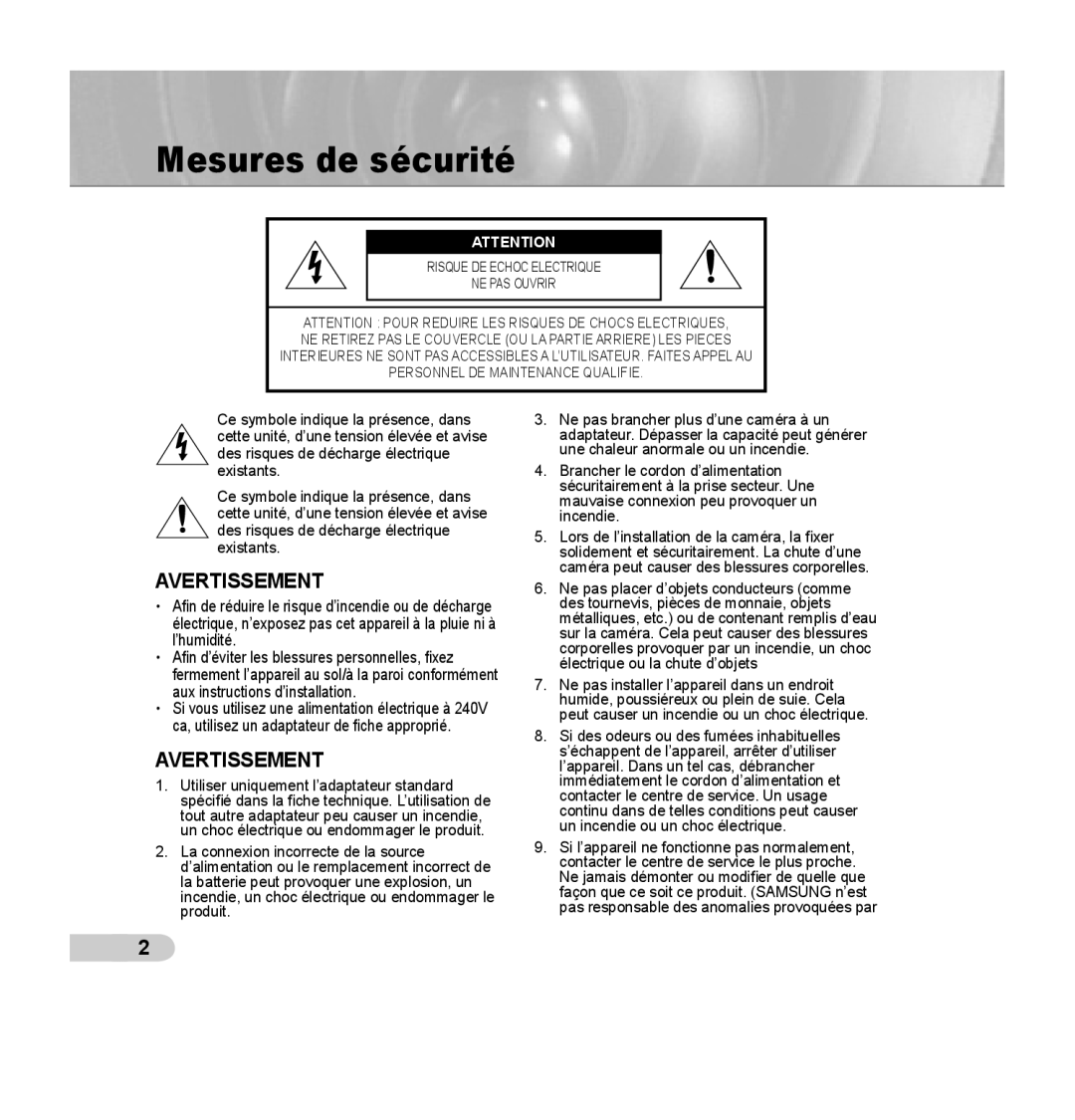 Samsung SCC-C7435P manual Mesures de sécurité, Avertissement 