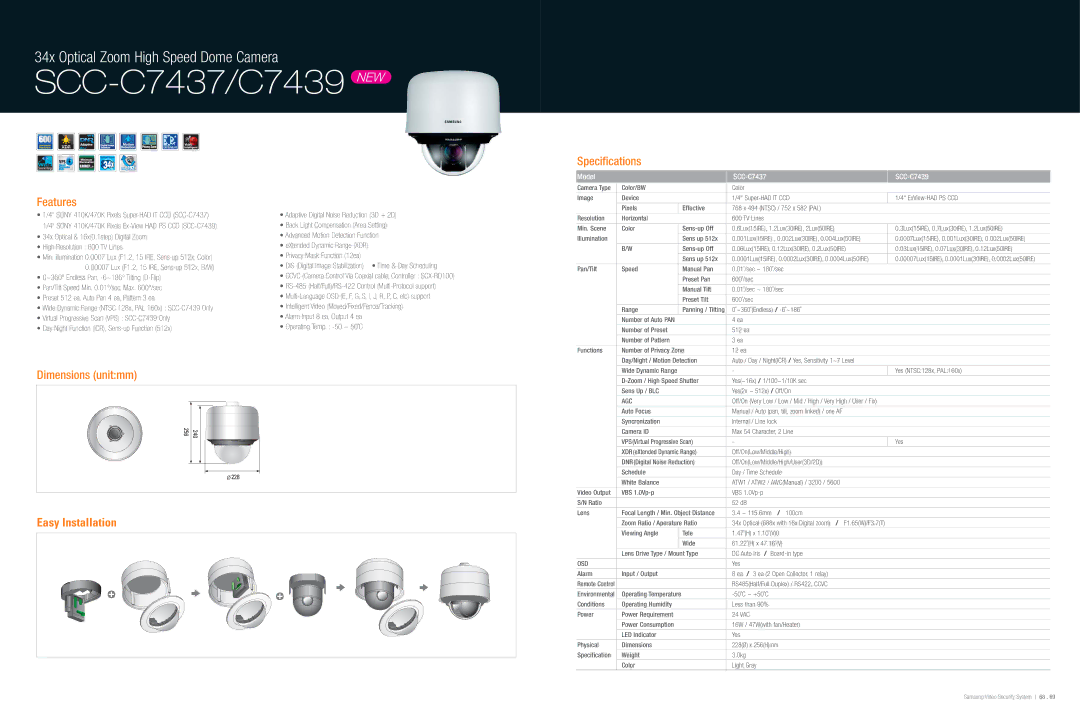 Samsung SCC-C7439 specifications SCC-C7437/C7439 NEW, Specifications Features, Dimensions unitmm, Easy Installation 