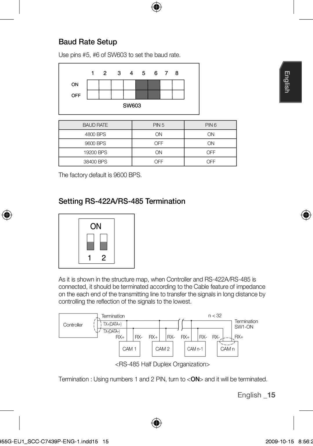 Samsung SCC-C7439P Baud Rate Setup, Setting RS-422A/RS-485 Termination, Use pins #5, #6 of SW603 to set the baud rate 