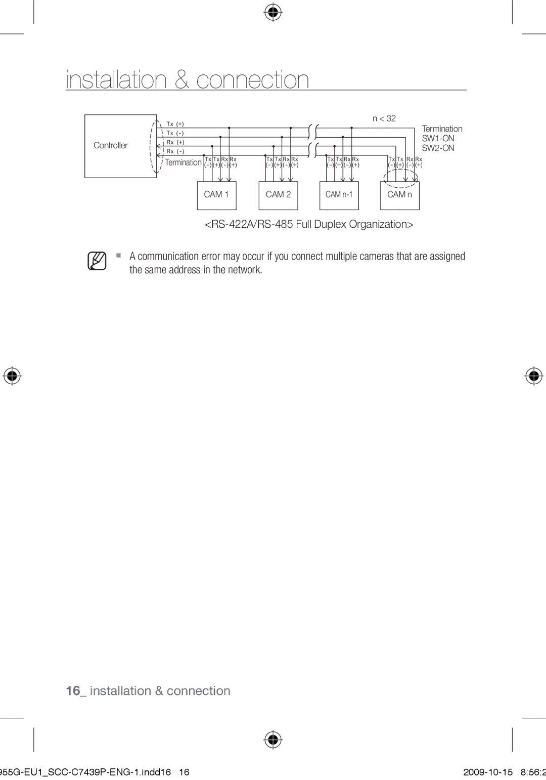 Samsung SCC-C7439P user manual RS-422A/RS-485 Full Duplex Organization, Same address in the network 