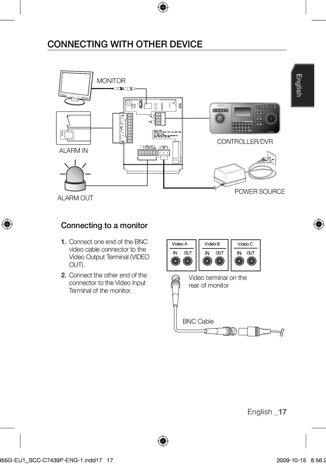 Samsung SCC-C7439P user manual Connecting with Other device, Connecting to a monitor, Monitor Alarm Alarm OUT 