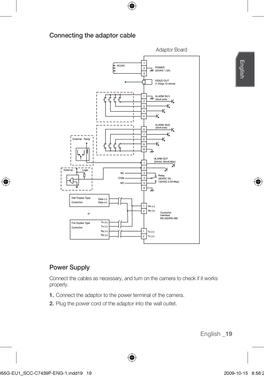 Samsung SCC-C7439P user manual Connecting the adaptor cable, Power Supply, Adaptor Board 