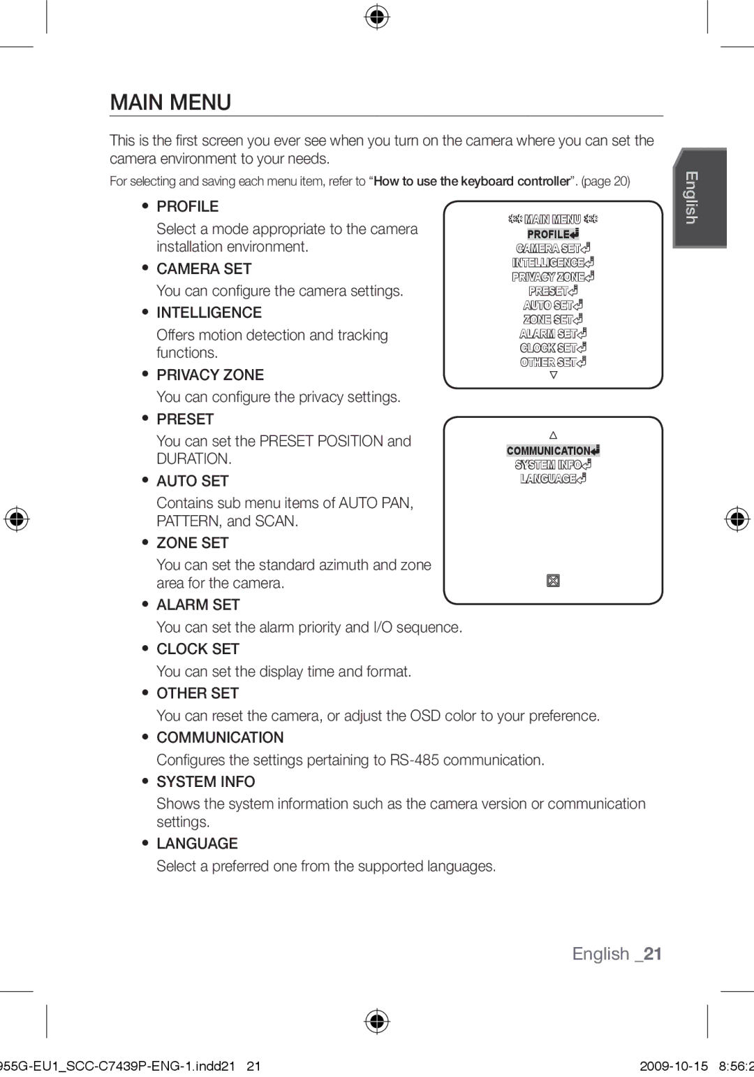 Samsung SCC-C7439P user manual Main Menu 