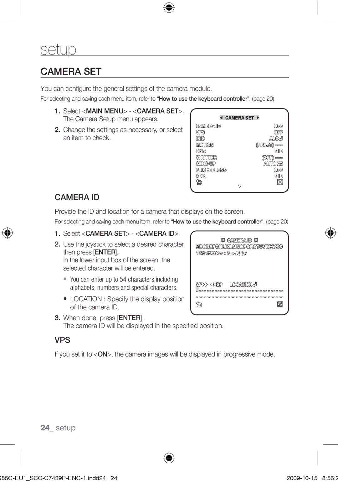 Samsung SCC-C7439P user manual Camera SET, Camera ID, Vps, You can configure the general settings of the camera module 