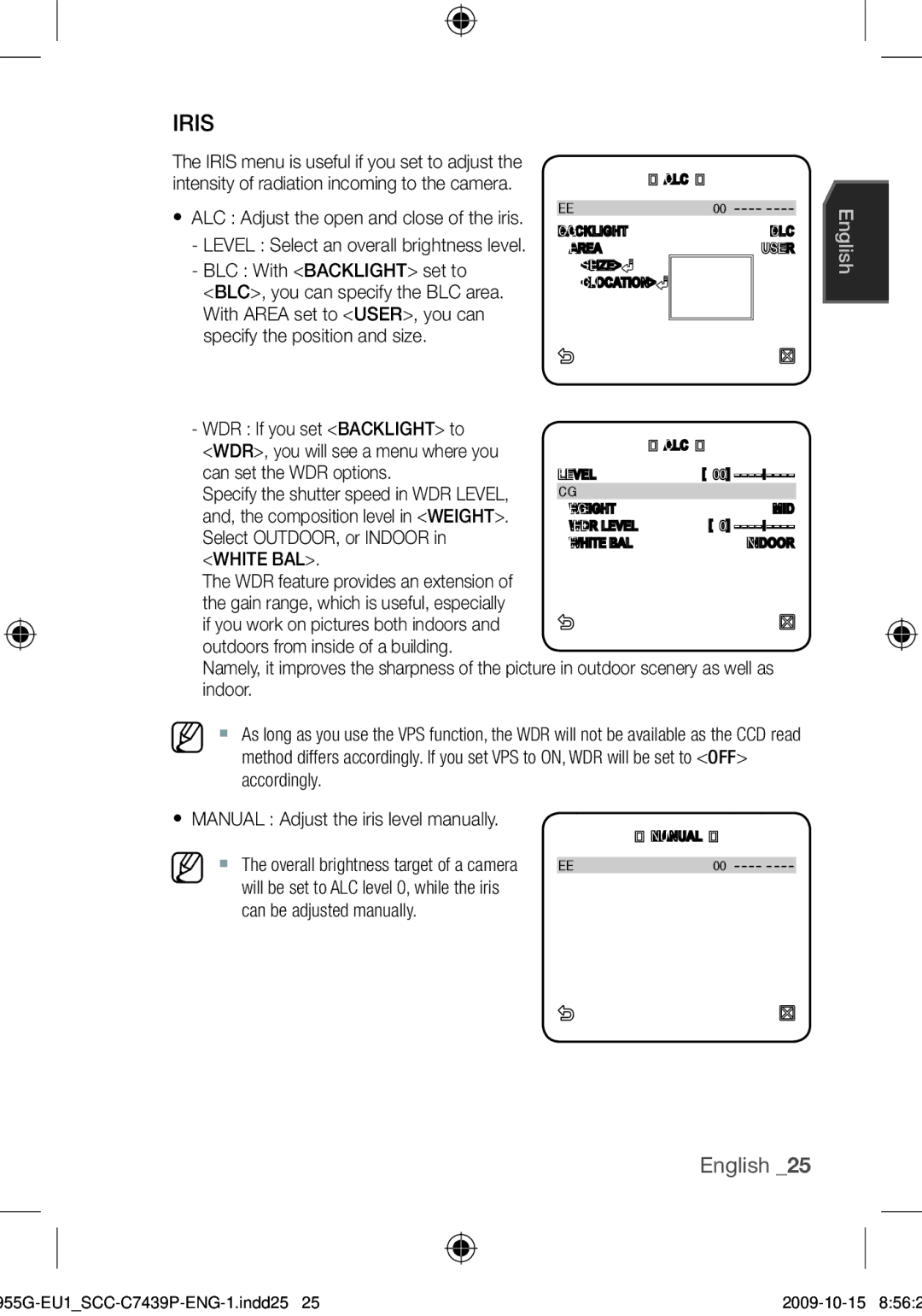 Samsung SCC-C7439P user manual Iris, BLC With Backlight set to 