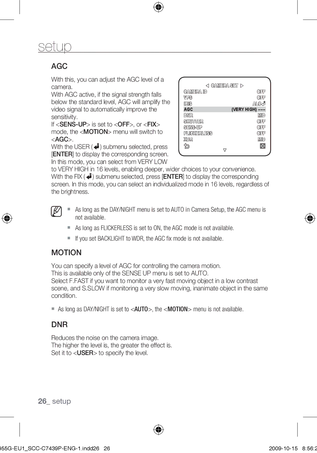 Samsung SCC-C7439P user manual Agc, Motion, Dnr, With this, you can adjust the AGC level of a 