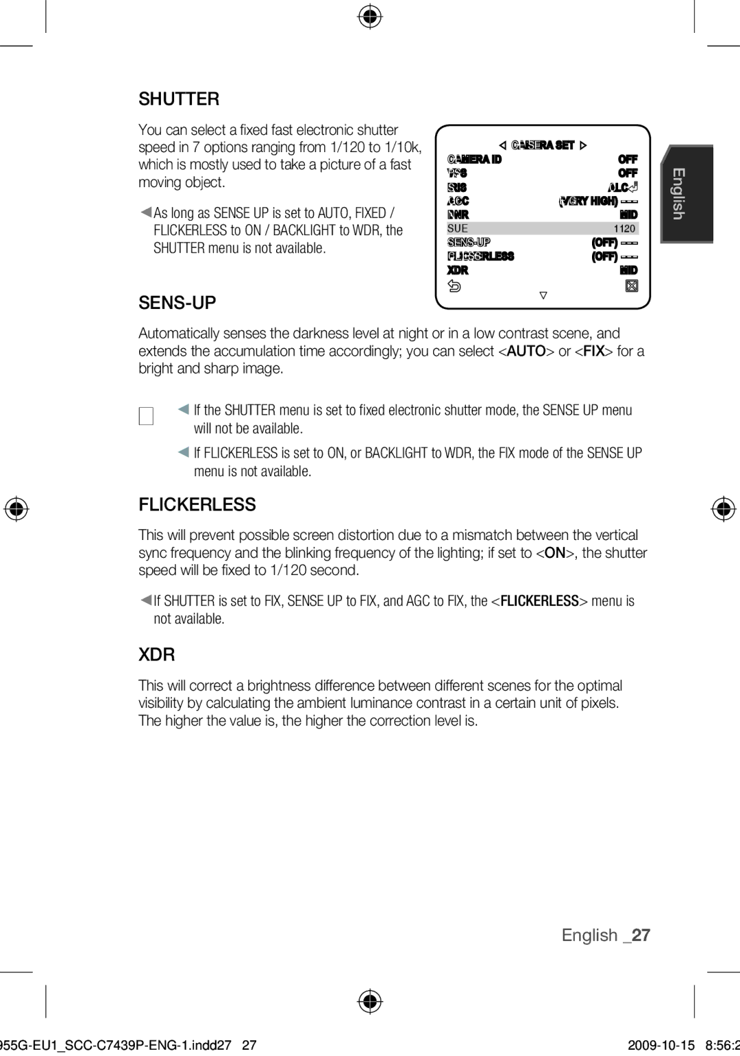 Samsung SCC-C7439P user manual Shutter, Sens-Up, Flickerless, Xdr 