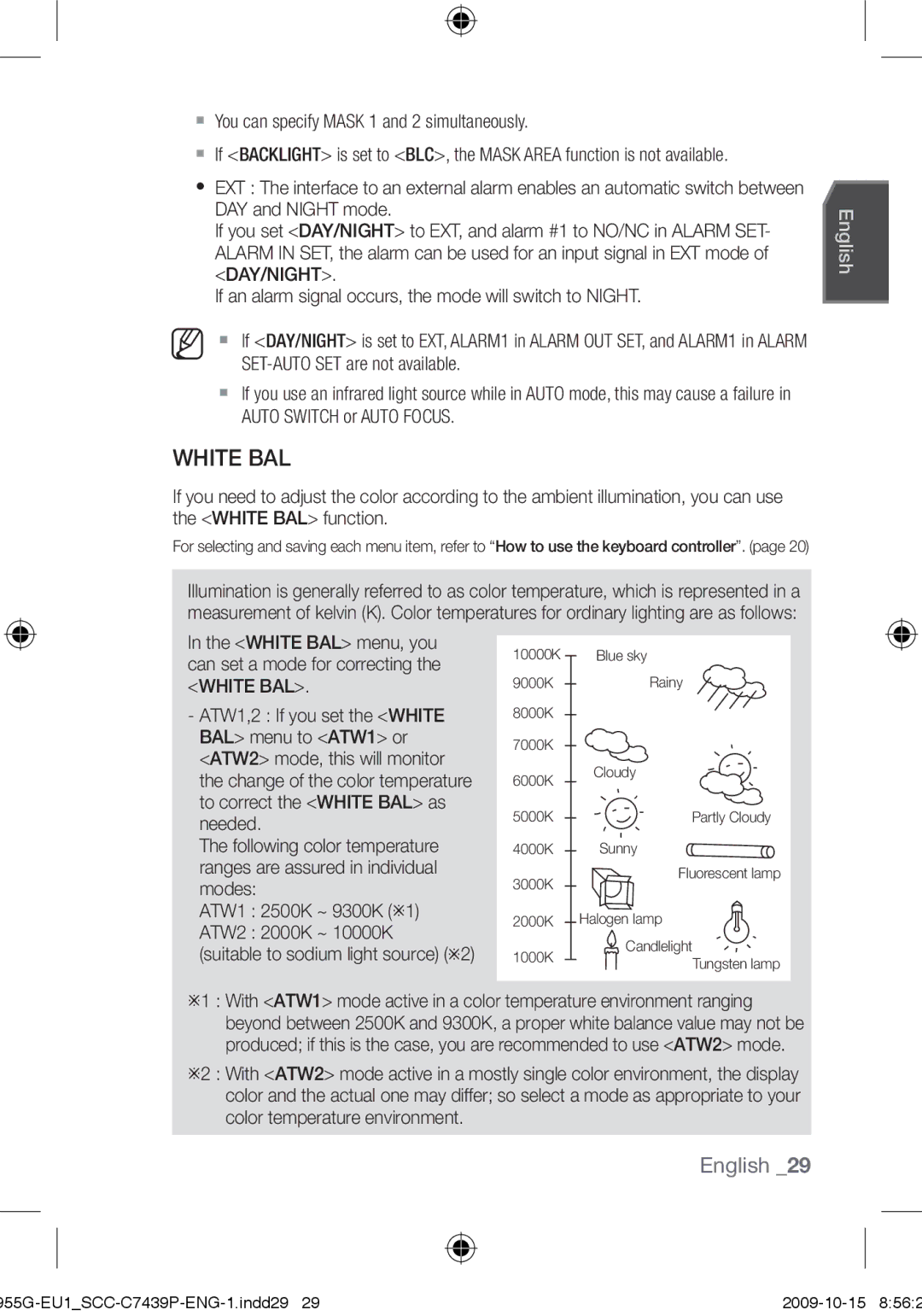 Samsung SCC-C7439P user manual White BAL,  You can specify Mask 1 and 2 simultaneously, SET-AUTO SET are not available 