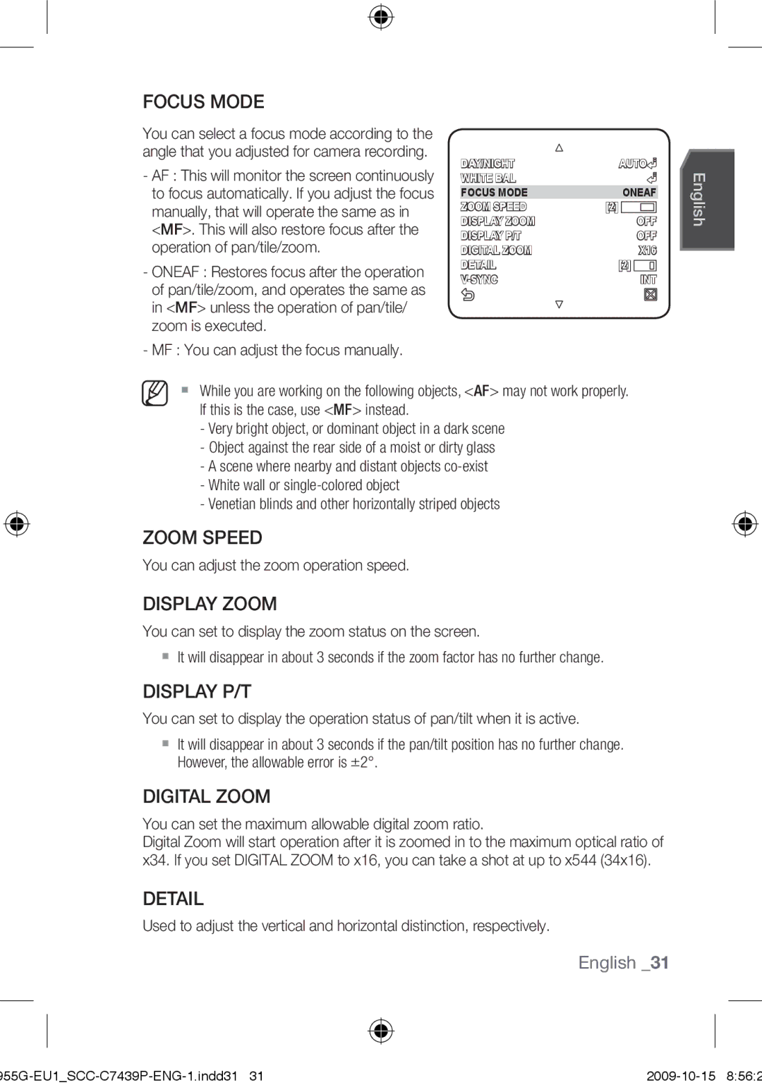 Samsung SCC-C7439P user manual Zoom Speed, Display Zoom, Display P/T, Digital Zoom, Detail 