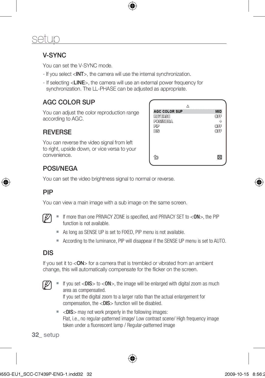 Samsung SCC-C7439P user manual Sync, AGC Color SUP, Reverse, Posi/Nega, Pip, Dis 