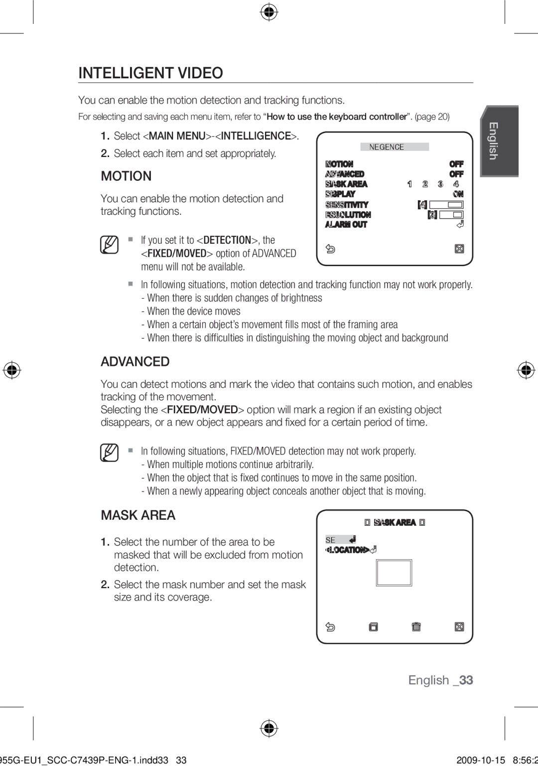 Samsung SCC-C7439P Intelligent Video, Advanced, Mask Area, You can enable the motion detection and tracking functions 