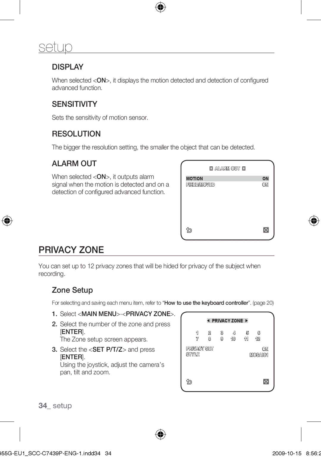 Samsung SCC-C7439P user manual Privacy Zone, Display, Sensitivity, Resolution, Alarm OUT 