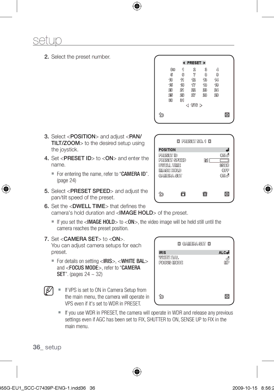 Samsung SCC-C7439P user manual Select the preset number, Select Position and adjust PAN, SET. pages 24 ~ 