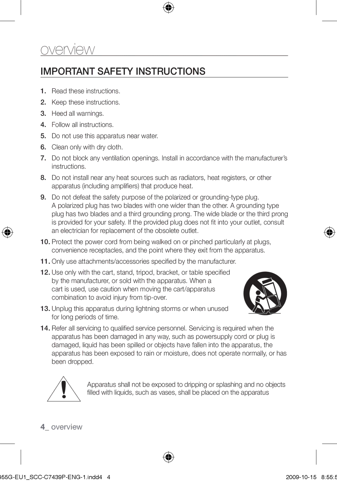 Samsung SCC-C7439P user manual Important safety instructions 