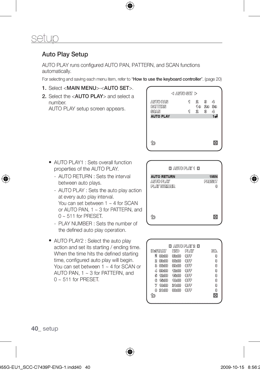 Samsung SCC-C7439P user manual Auto Play Setup, ~ 511 for Preset 