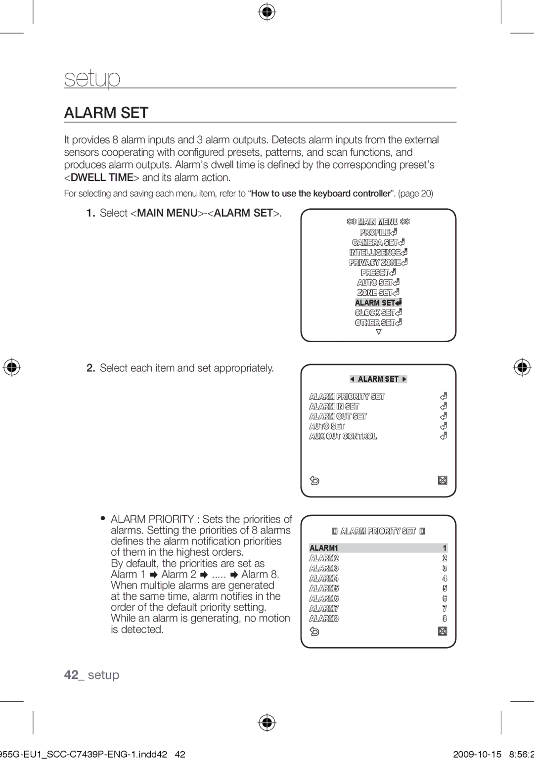 Samsung SCC-C7439P user manual Alarm SET, Select Main MENU-ALARM SET 