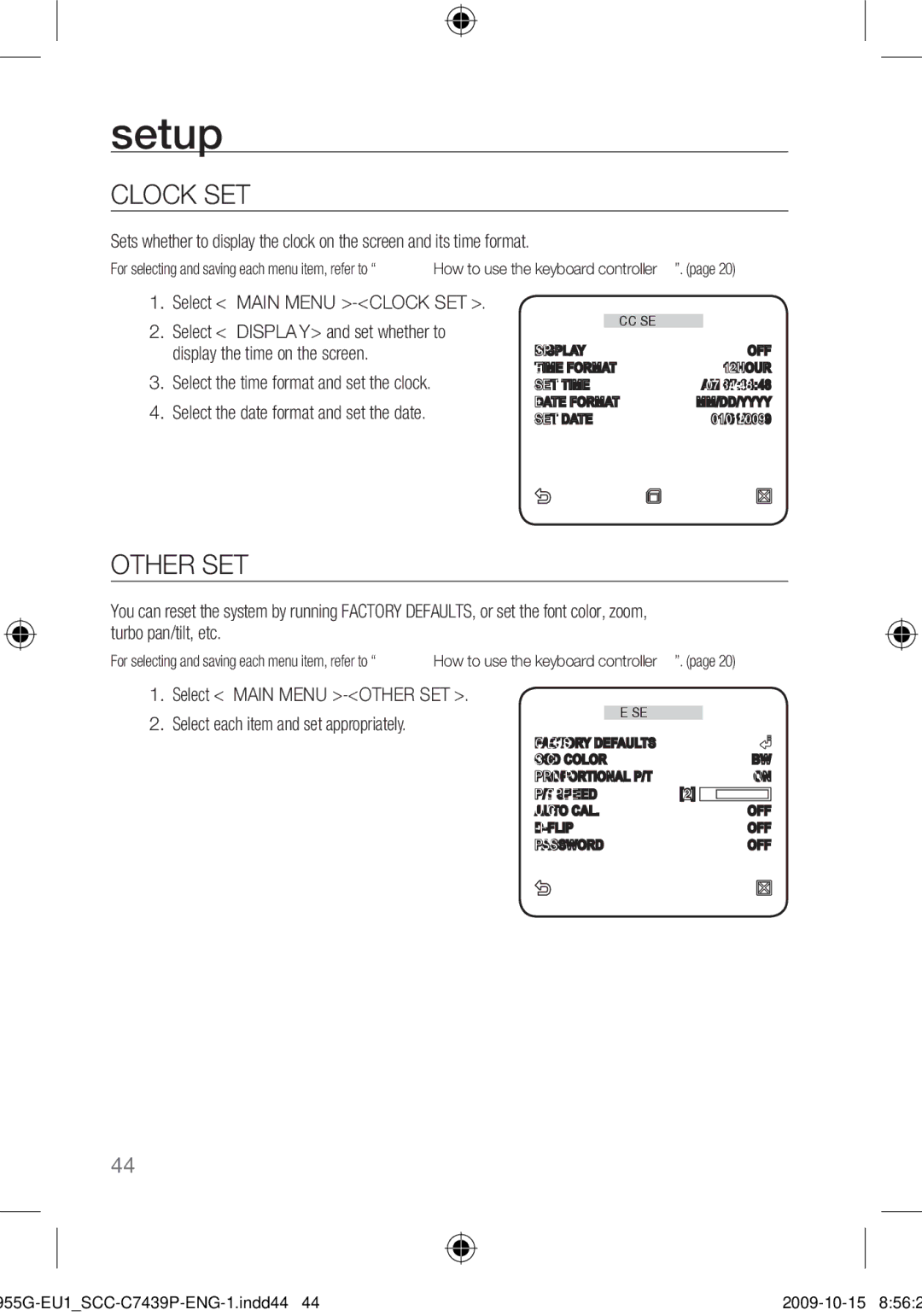 Samsung SCC-C7439P user manual Clock SET, Other SET 