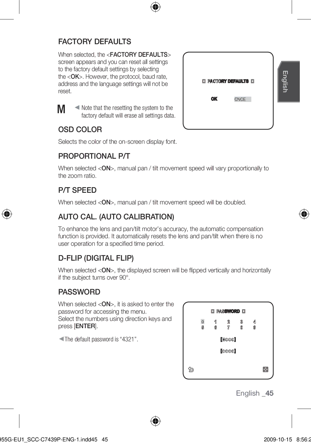 Samsung SCC-C7439P Factory Defaults, OSD Color, Proportional P/T, Speed, Auto CAL. Auto Calibration, Flip Digital Flip 