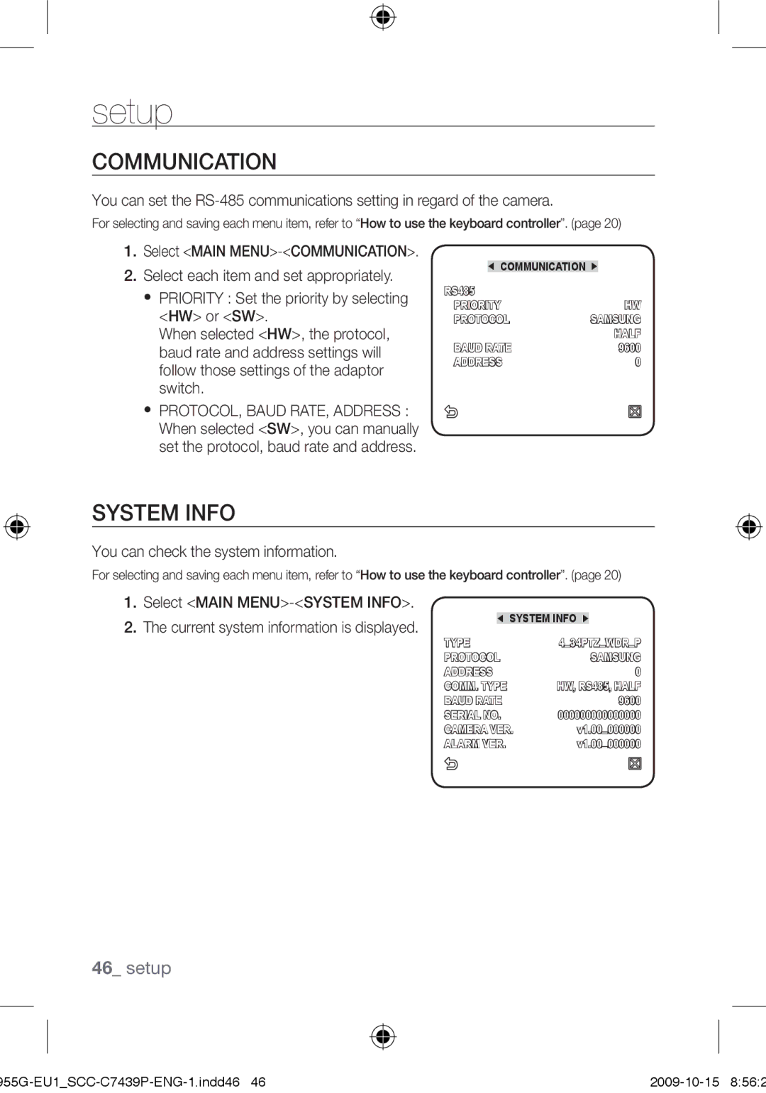 Samsung SCC-C7439P Communication, System Info, You can check the system information, Select Main MENU-SYSTEM Info 