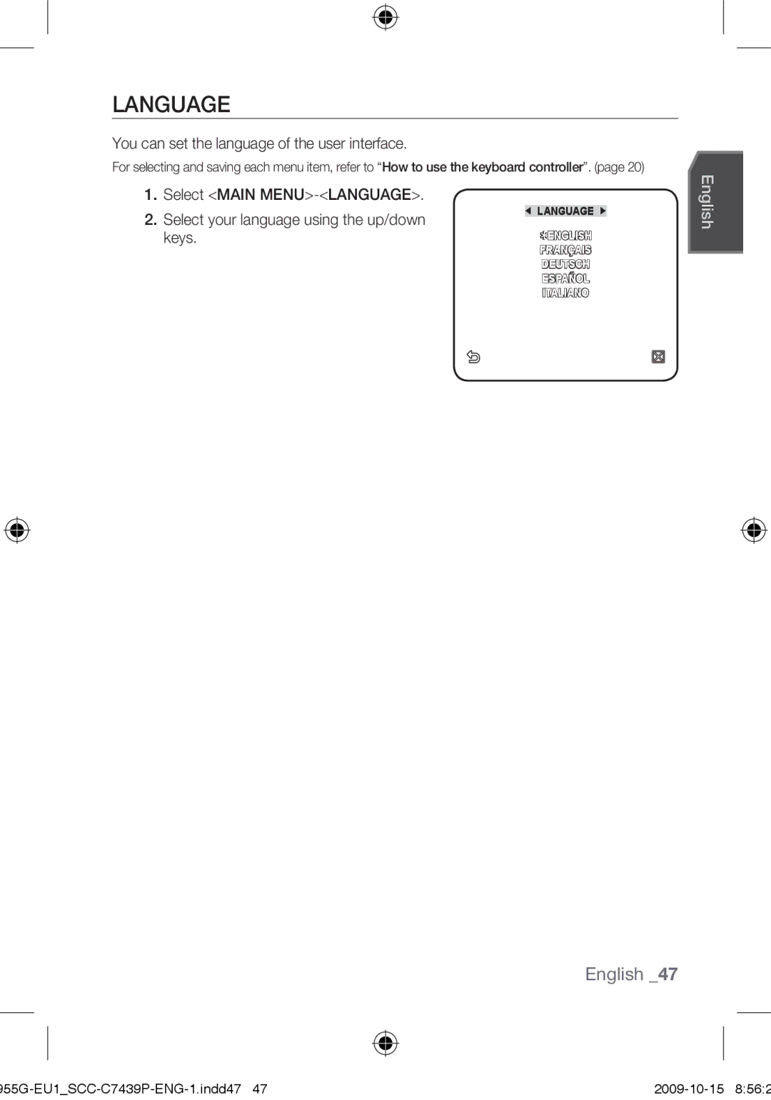 Samsung SCC-C7439P user manual Language, You can set the language of the user interface 