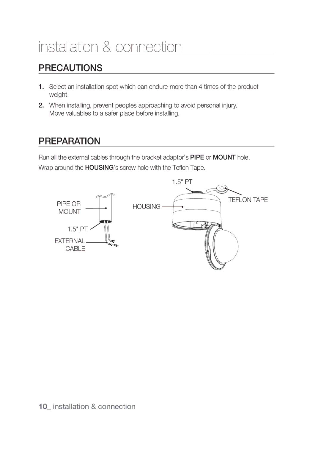 Samsung SCC-C7439P manual Precautions, Preparation, Installation & connection, Housing, Cable 