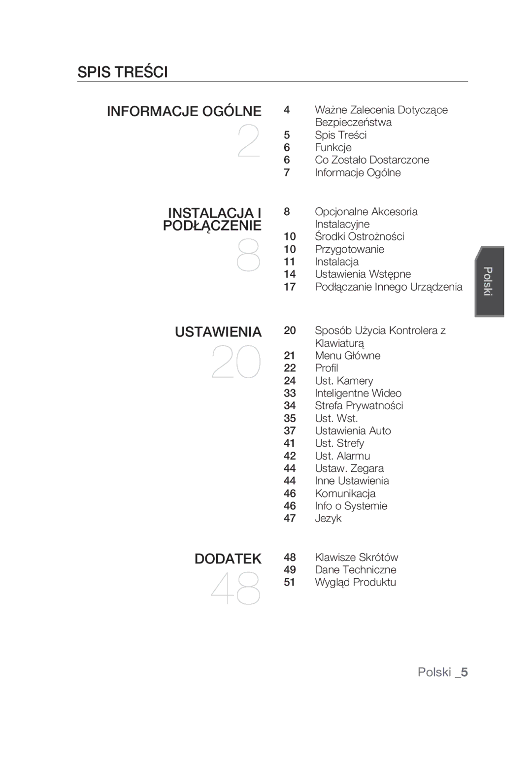 Samsung SCC-C7439P manual Spis treści, Klawisze Skrótów, Dane Techniczne 