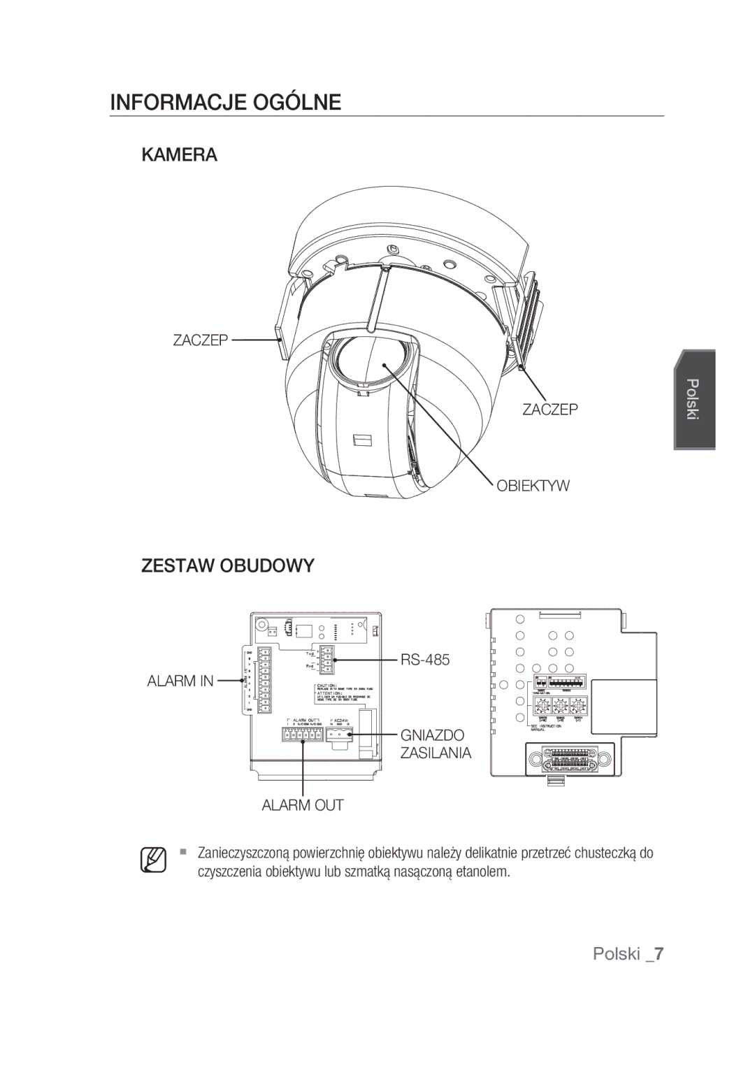 Samsung SCC-C7439P manual Informacje ogólne, Kamera, Zestaw Obudowy, Zaczep Obiektyw, Gniazdo 