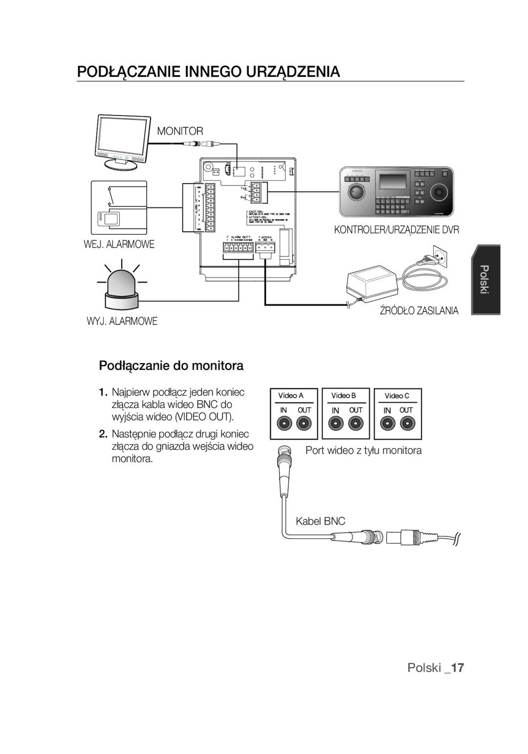 Samsung SCC-C7439P manual Podłączanie innego urządzenia, Podłączanie do monitora, Monitor WEJ. Alarmowe WYJ. Alarmowe 