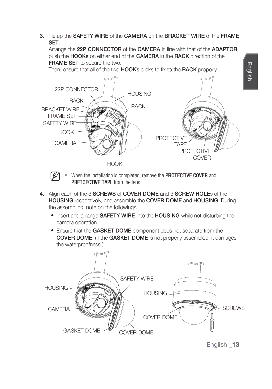 Samsung SCC-C7439P manual English, 22P Connector Housing Rack, Frame SET, Hook Protective Camera Tape Cover 