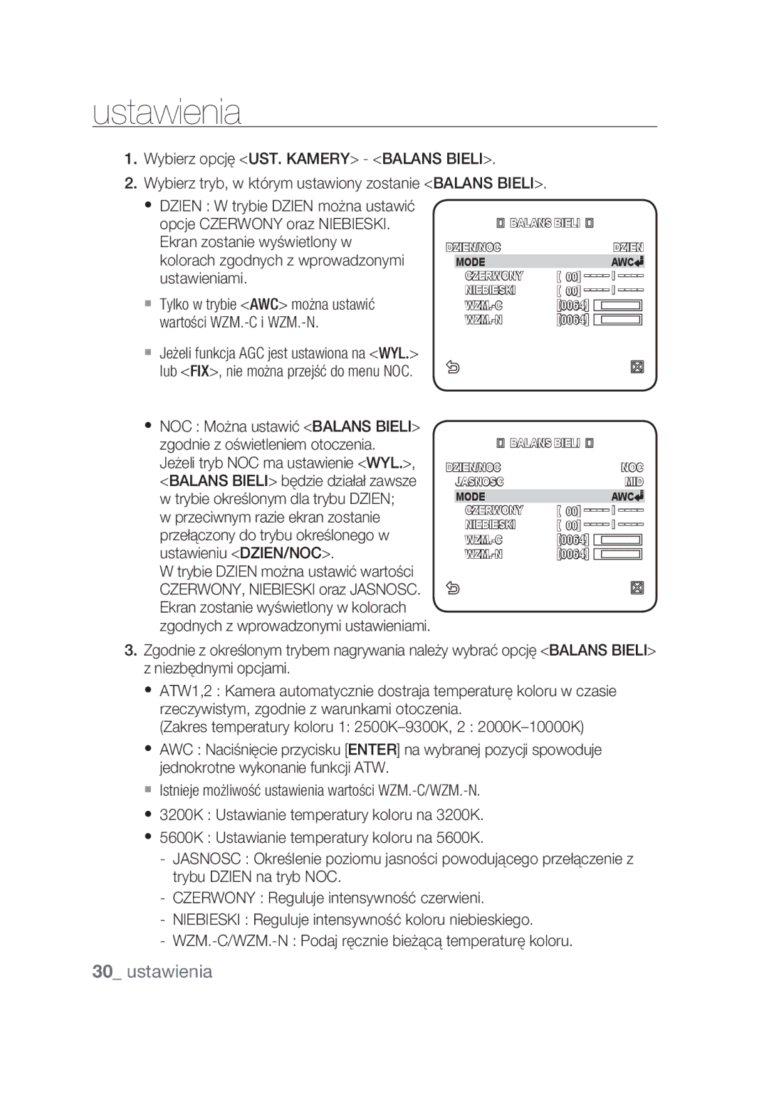 Samsung SCC-C7439P manual Mode AWC Czerwony Niebieski WZM.-C 