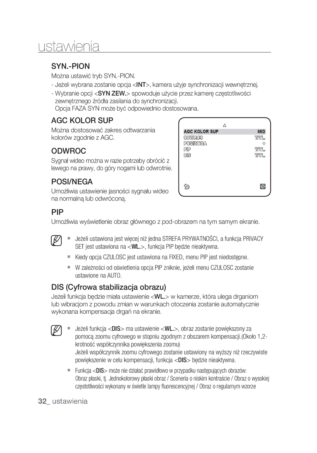 Samsung SCC-C7439P manual Syn.-Pion, AGC Kolor SUP, Odwroc, DIS Cyfrowa stabilizacja obrazu 