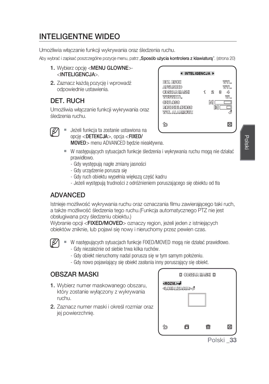 Samsung SCC-C7439P manual Inteligentne wideo, DET. Ruch, Obszar Maski 