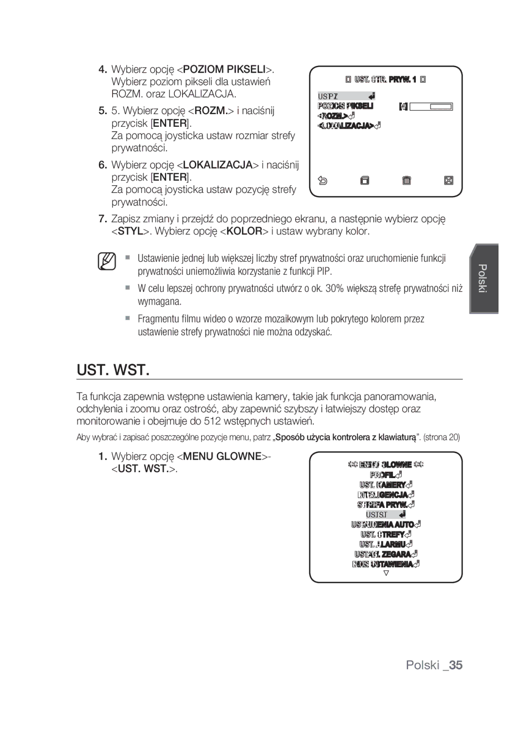 Samsung SCC-C7439P manual Ust. Wst, Prywatności uniemożliwia korzystanie z funkcji PIP, Wymagana 