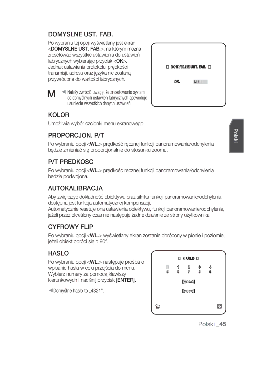 Samsung SCC-C7439P manual Domyslne UST. FAB, Kolor, Proporcjon. P/T, Predkosc, Autokalibracja, Cyfrowy Flip, Haslo 