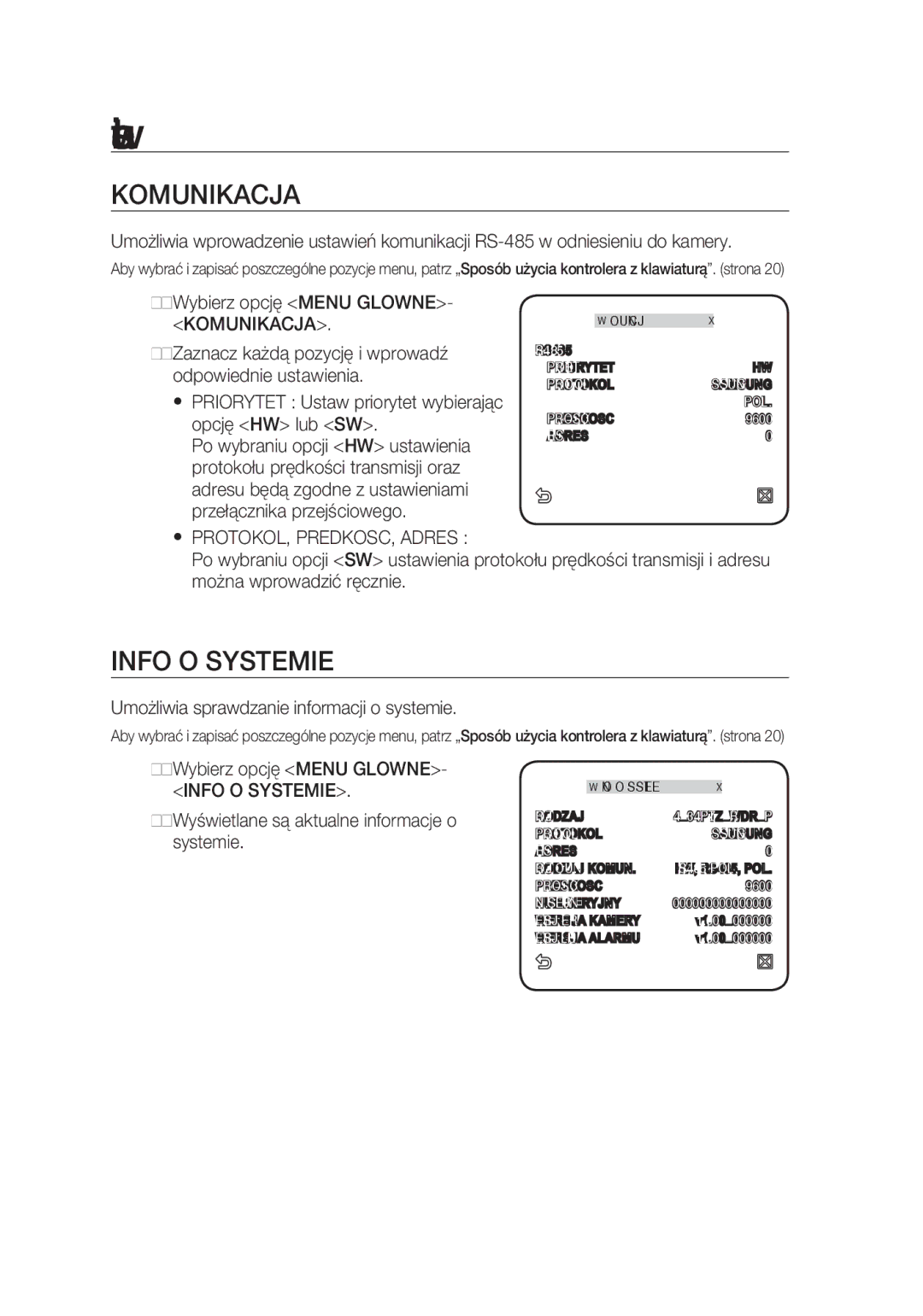 Samsung SCC-C7439P manual Komunikacja, Info O Systemie,  PROTOKOL, PREDKOSC, Adres 