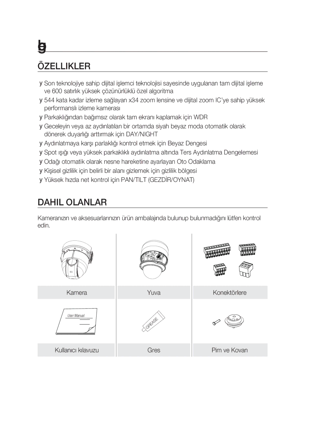 Samsung SCC-C7439P manual Özellikler, Dahil Olanlar 