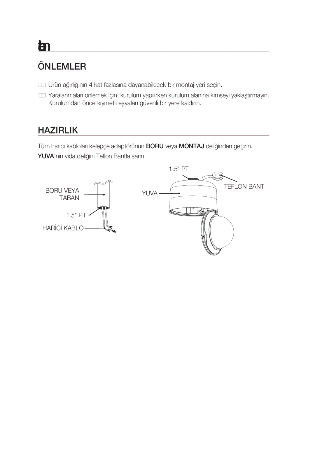 Samsung SCC-C7439P manual Önlemler, Hazırlık, Kurulum ve bağlantı, Yuva, Taban 