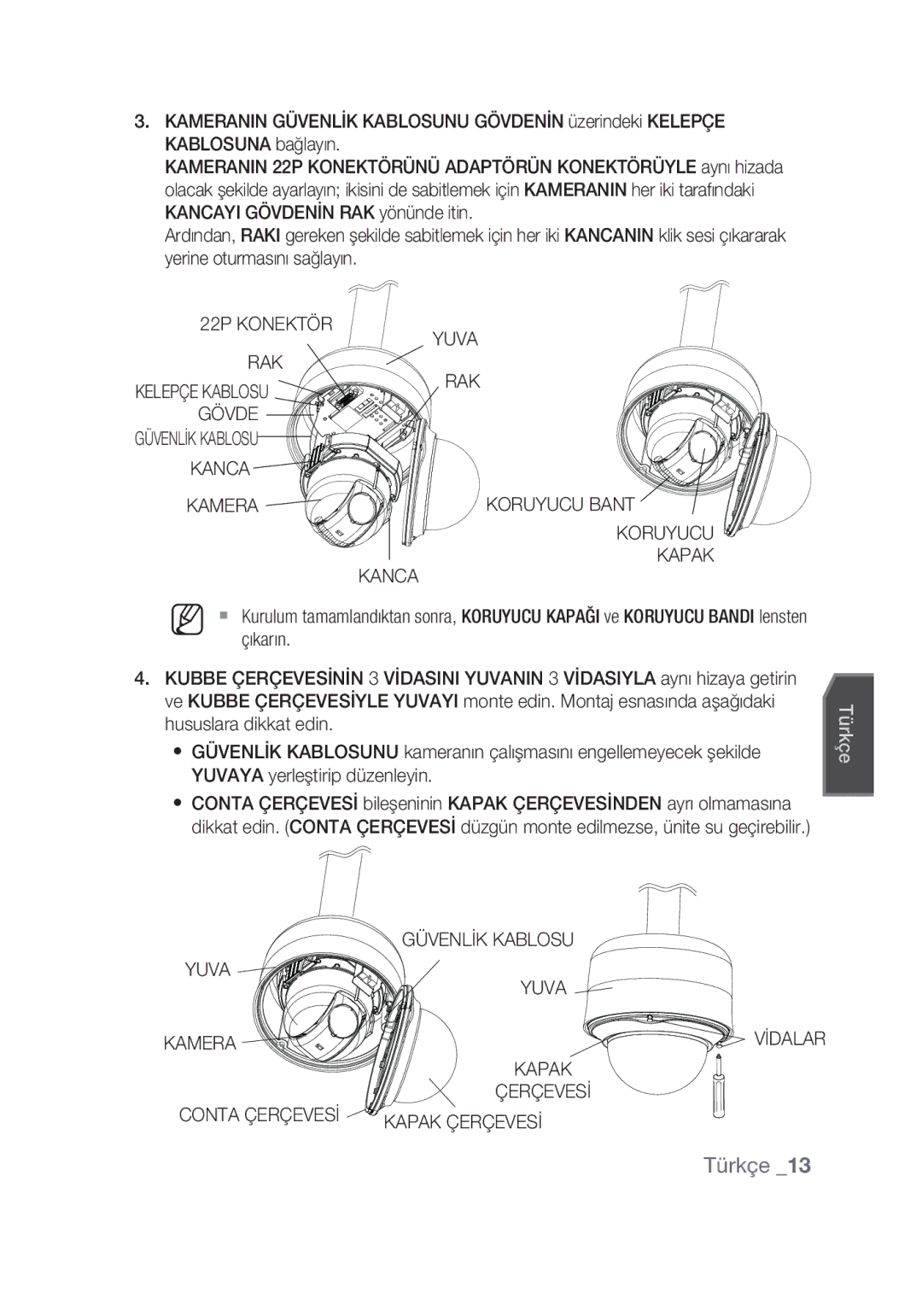 Samsung SCC-C7439P manual 22P Konektör Yuva RAK, Gövde, Kanca Kamera Koruyucu Bant Kapak, Güvenlİk Kablosu, Conta Çerçevesİ 