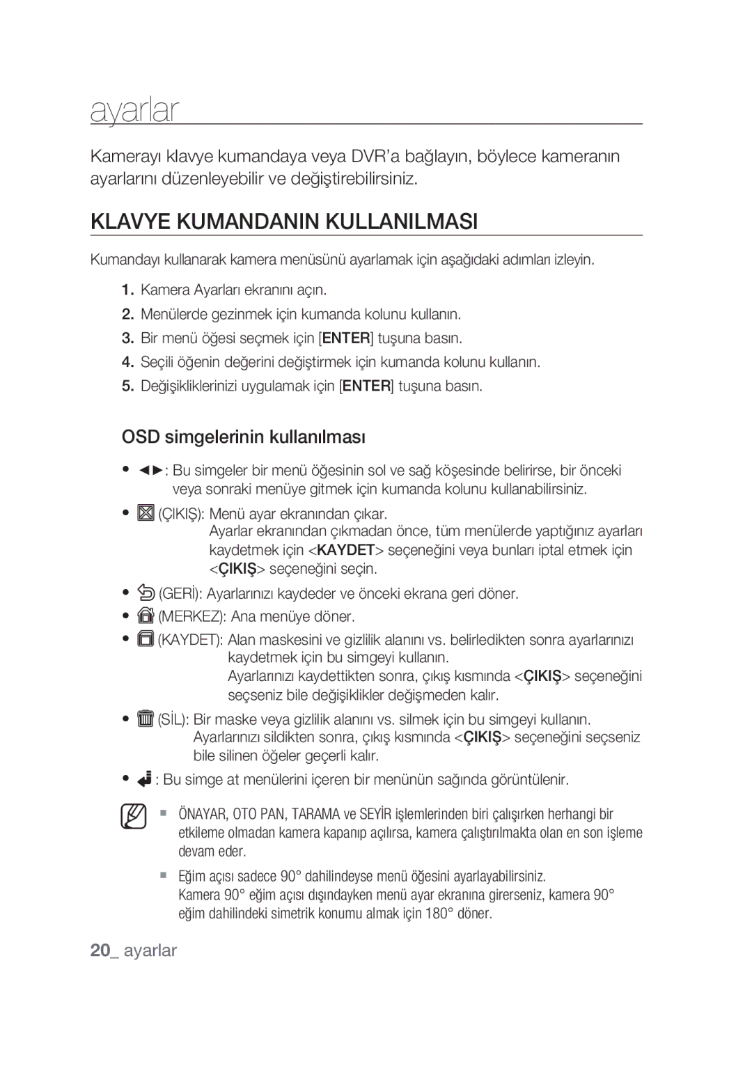 Samsung SCC-C7439P manual Ayarlar, Klavye kumandanın kullanılması, OSD simgelerinin kullanılması 