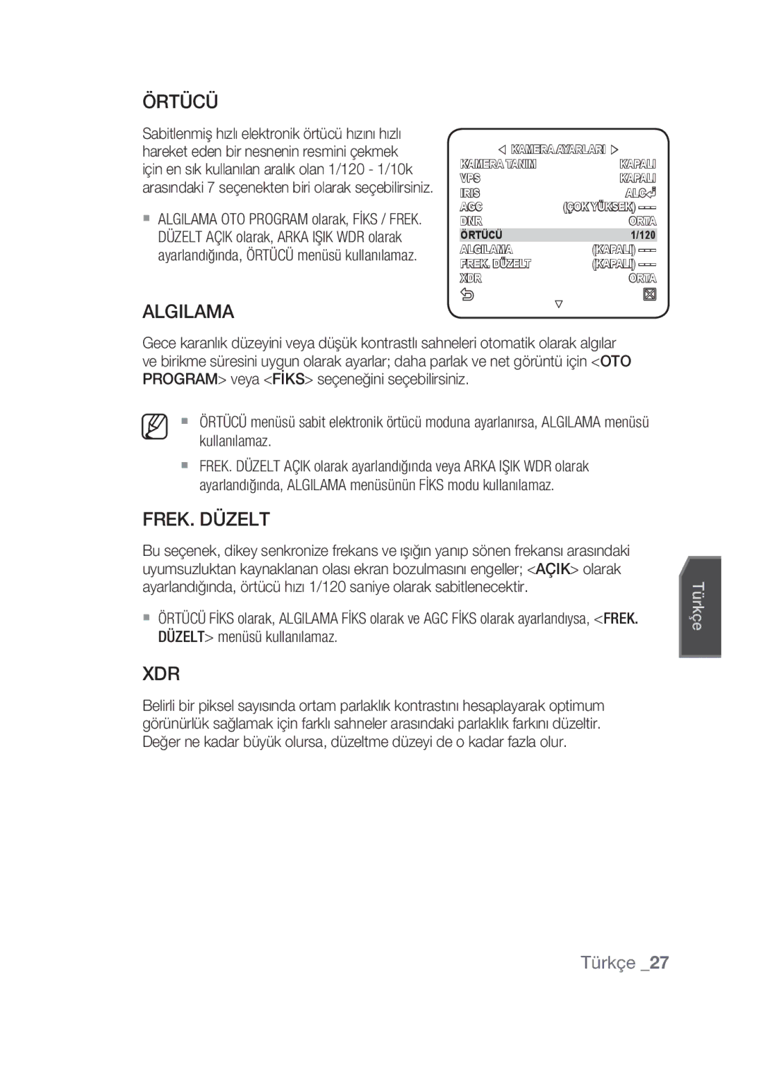 Samsung SCC-C7439P manual Örtücü, Algilama, FREK. Düzelt 