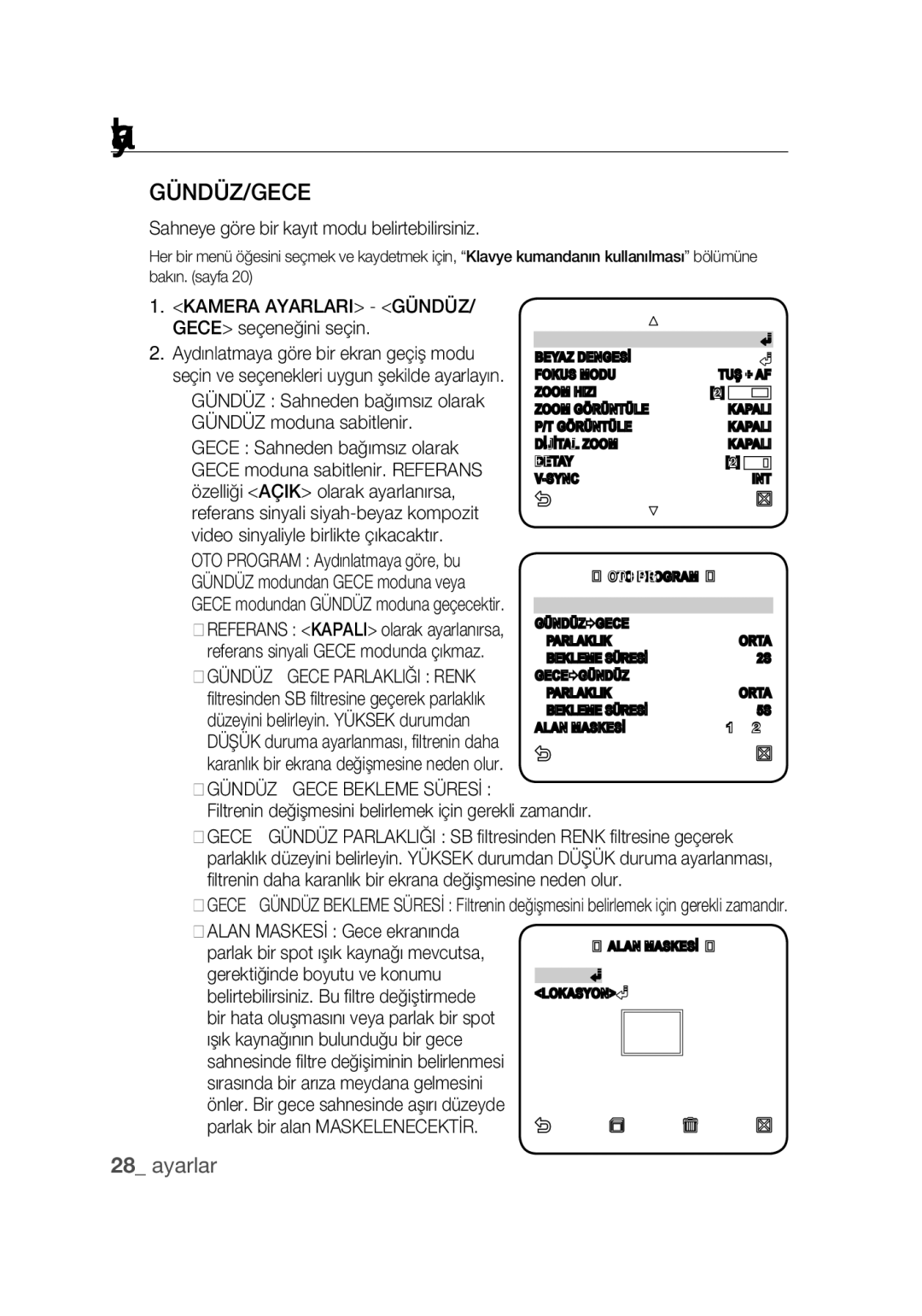 Samsung SCC-C7439P manual Gündüz/Gece, Sahneye göre bir kayıt modu belirtebilirsiniz, GÜNDÜZGECE Bekleme Süresİ 