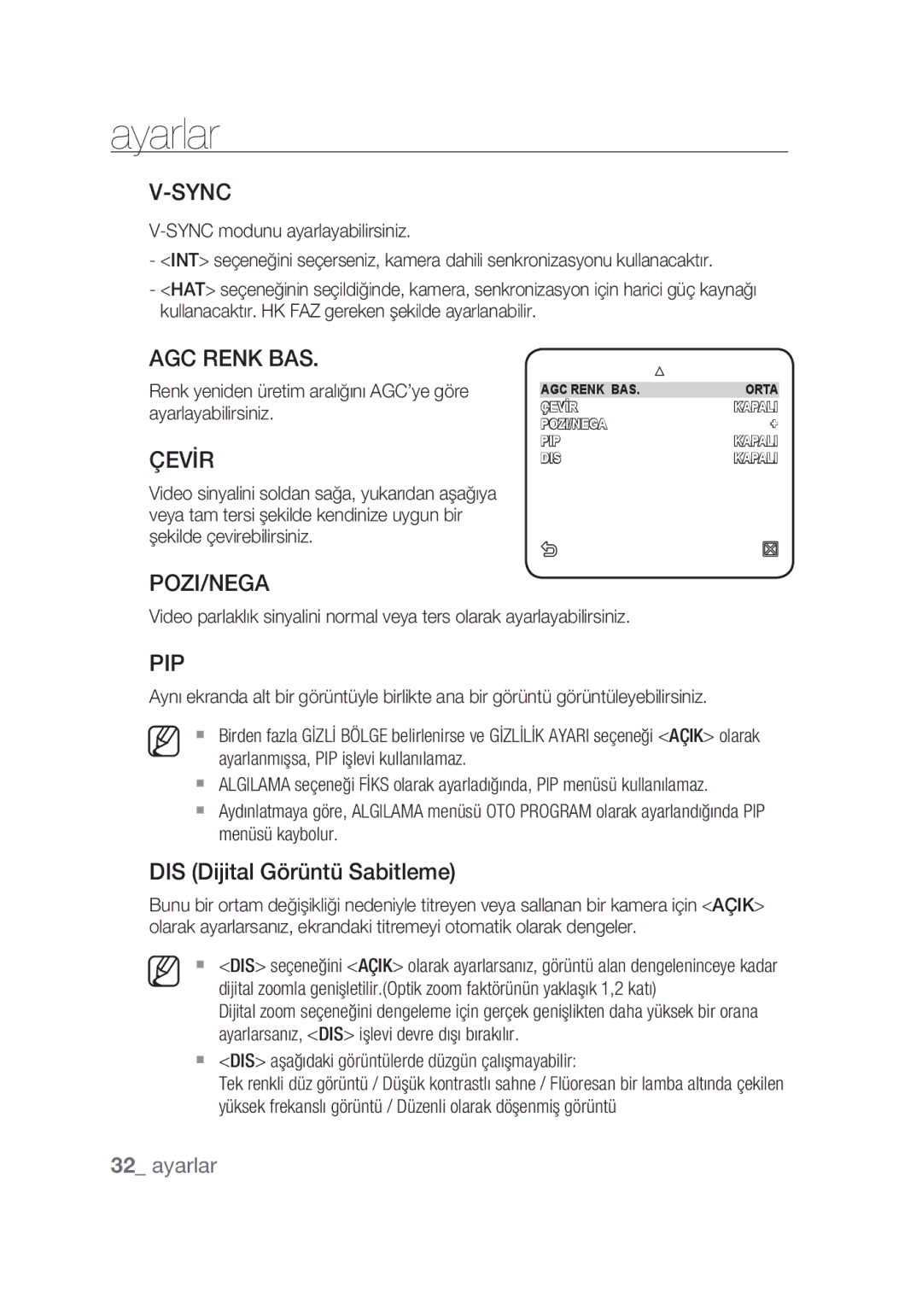 Samsung SCC-C7439P manual AGC Renk BAS, Çevİr, Pozi/Nega, DIS Dijital Görüntü Sabitleme 