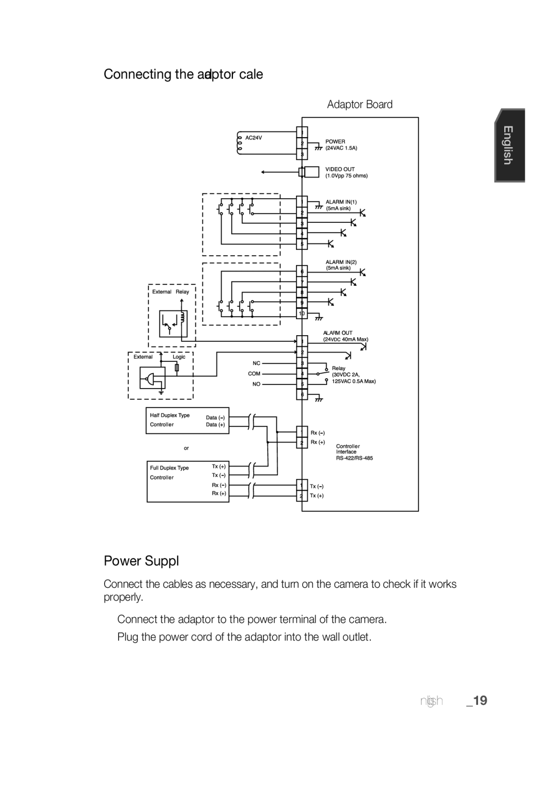 Samsung SCC-C7439P manual Connecting the adaptor cable, Power Supply, Adaptor Board 