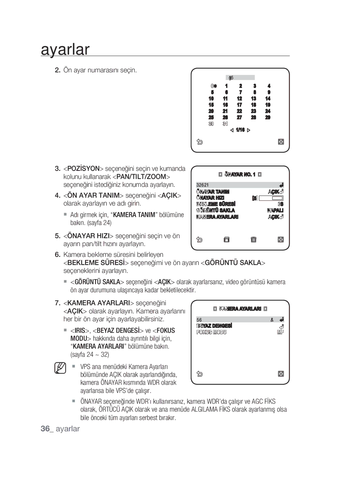 Samsung SCC-C7439P manual Kolunu kullanarak PAN/TILT/ZOOM, Seçeneğini istediğiniz konumda ayarlayın, Bakın. sayfa 