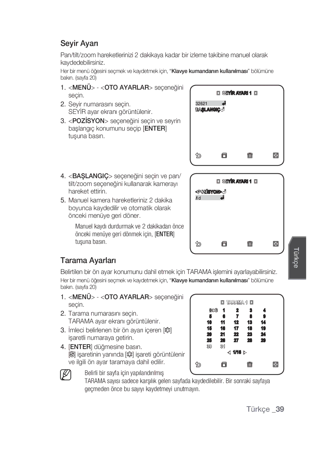 Samsung SCC-C7439P manual Seyir Ayarı, Tarama Ayarları, Menü OTO Ayarlar seçeneğini, Tarama numarasını seçin 