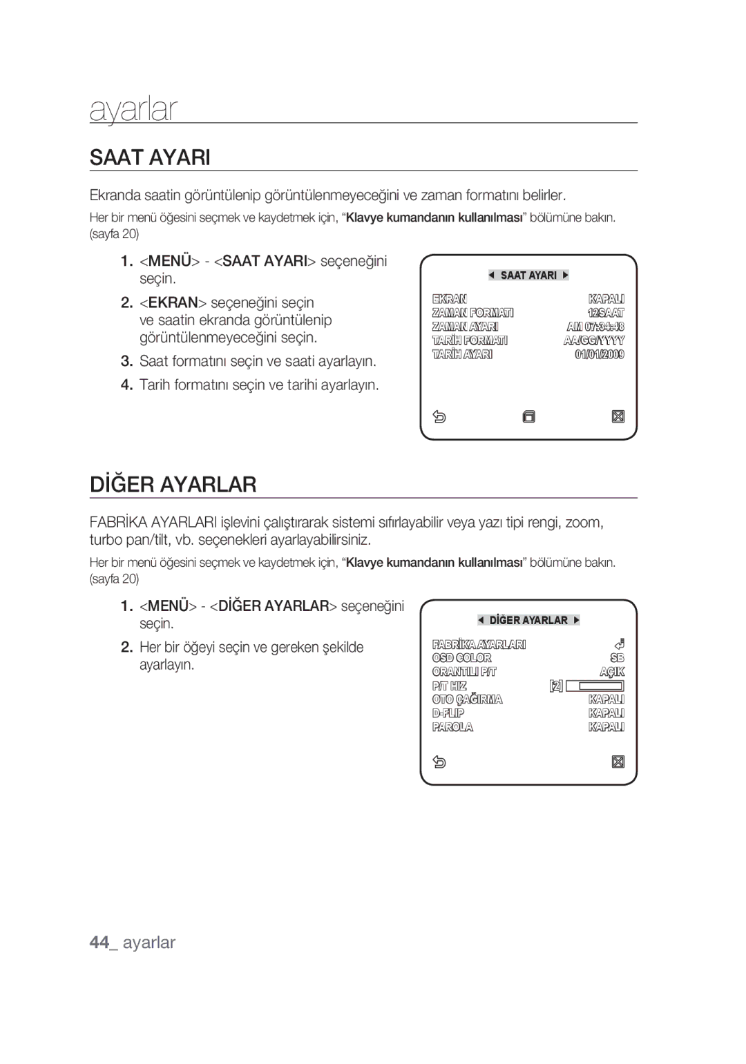 Samsung SCC-C7439P manual Dİğer Ayarlar, Menü Saat Ayari seçeneğini seçin 