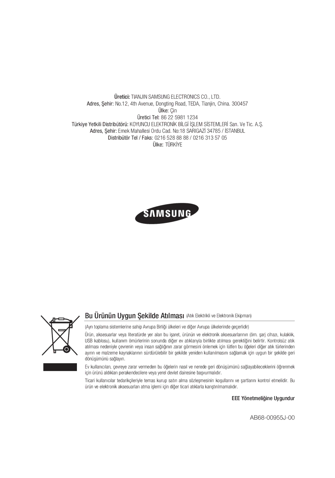 Samsung SCC-C7439P manual EEE Yönetmeliğine Uygundur AB68-00955J-00 