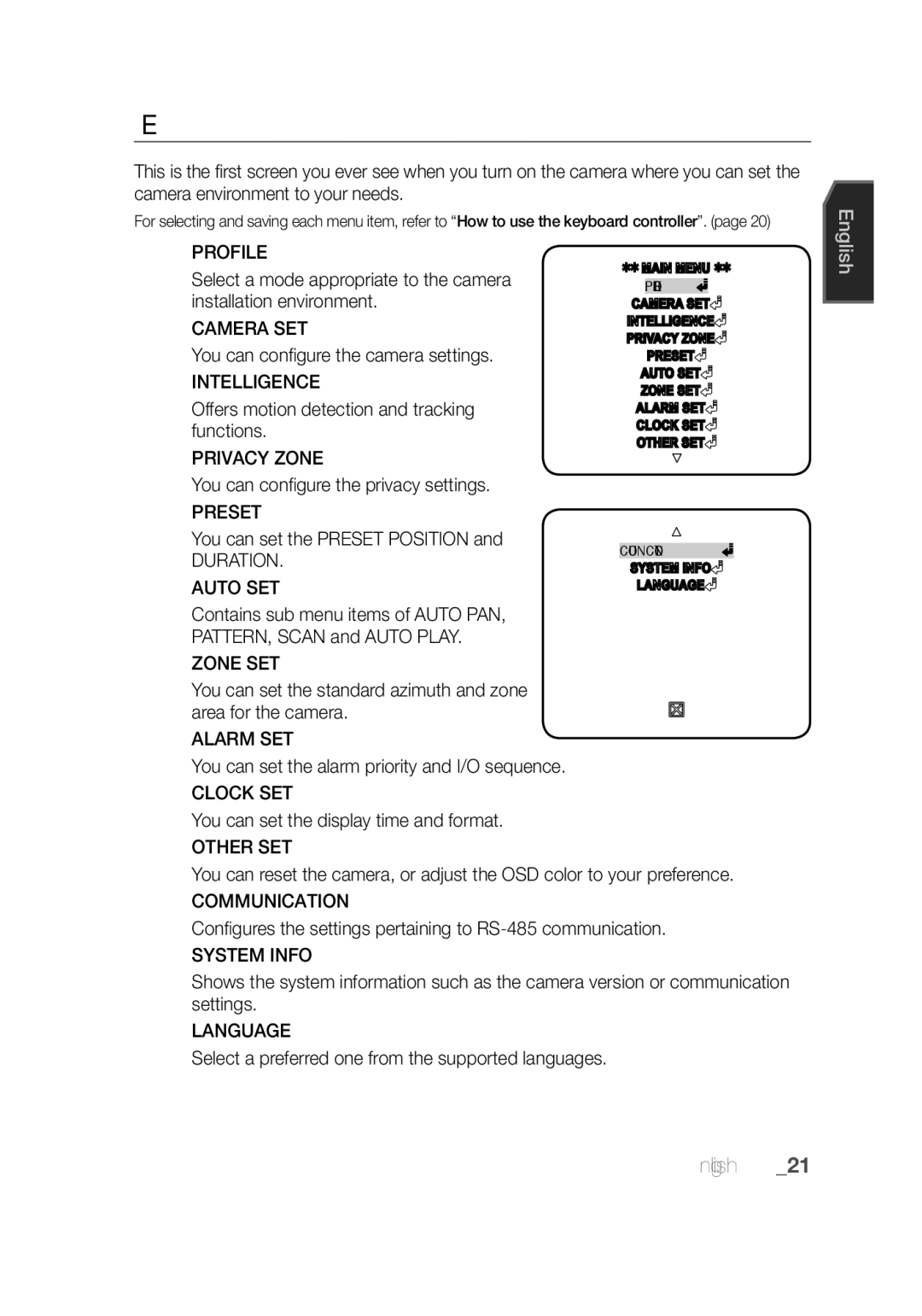 Samsung SCC-C7439P manual Main Menu 