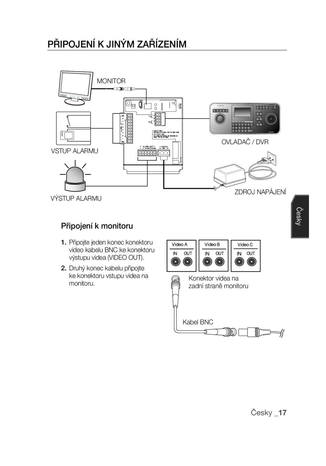 Samsung SCC-C7439P manual Připojení k jiným zařízením, Připojení k monitoru, Monitor Vstup Alarmu Výstup Alarmu, Monitoru 